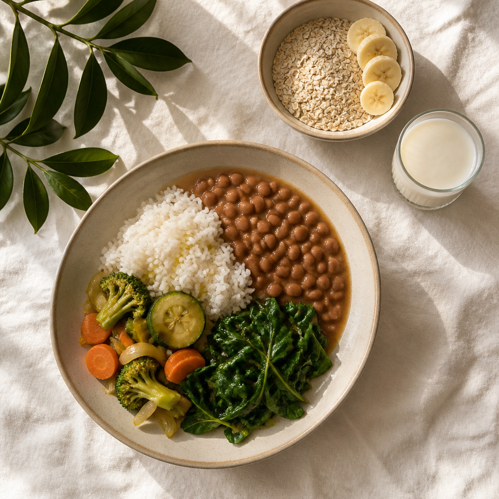 Prato caseiro com feijão, arroz, legumes e folhas, ao lado de aveia e do fermentado