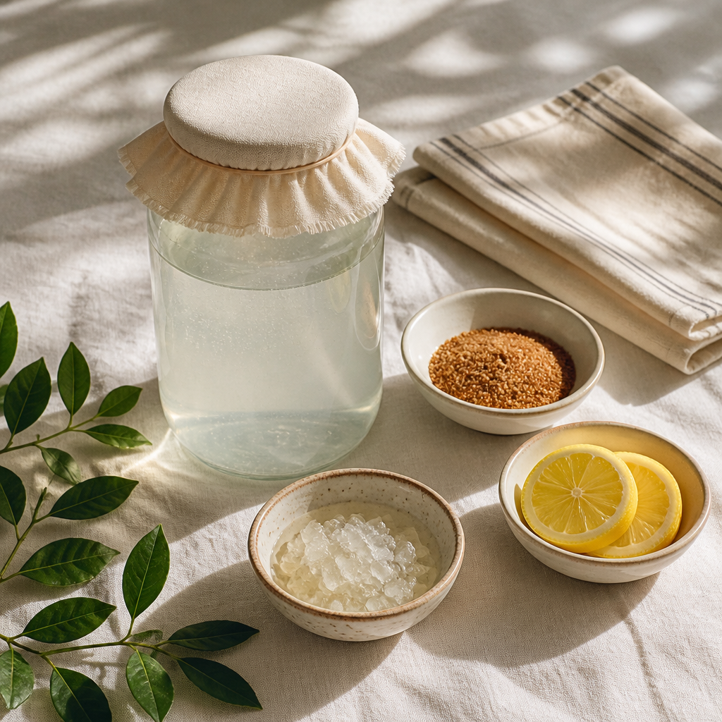 Jarra de vidro com o fermentado, grãos de kefir de água, açúcar mascavo e limão