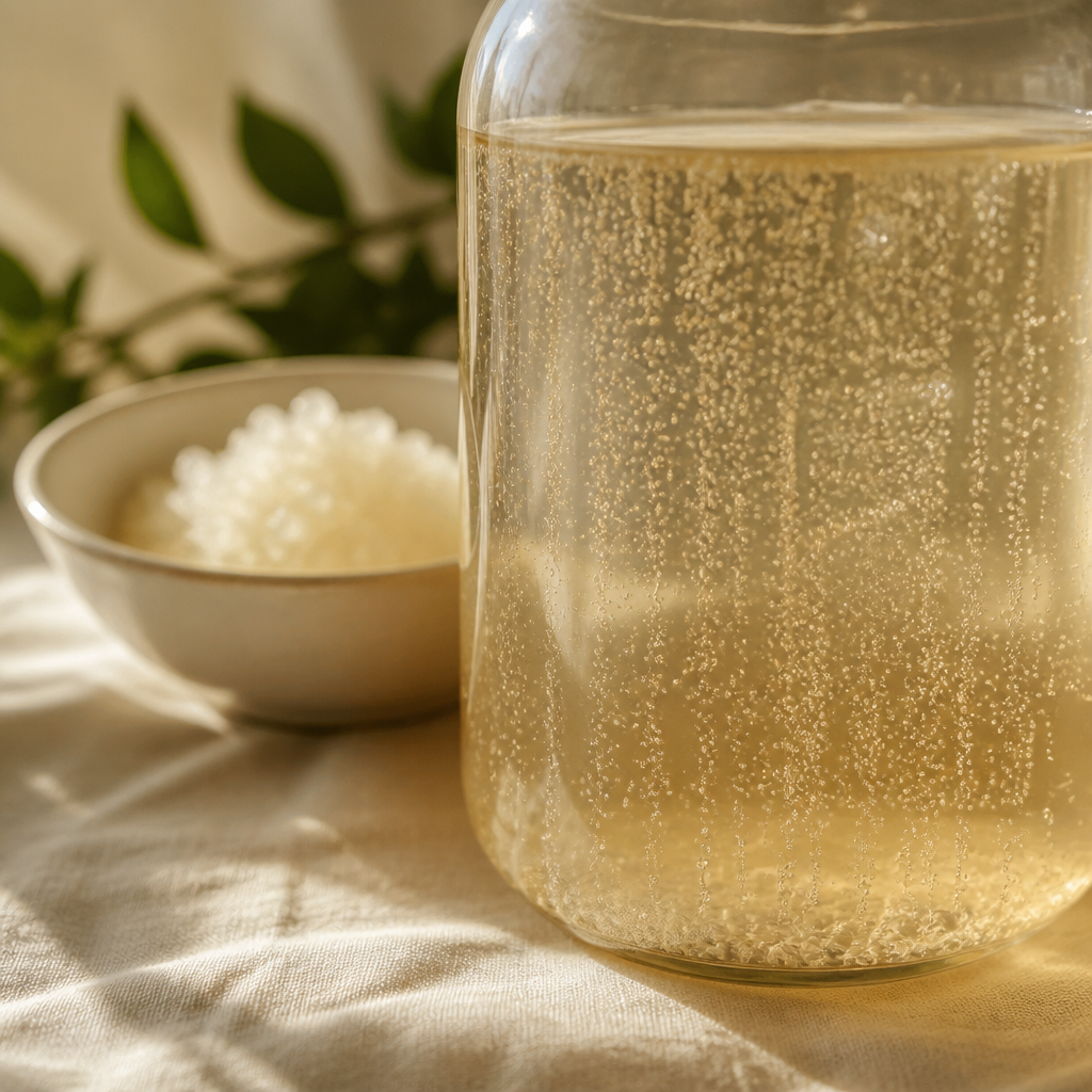 Close da jarra em fermentação, com bolhas subindo